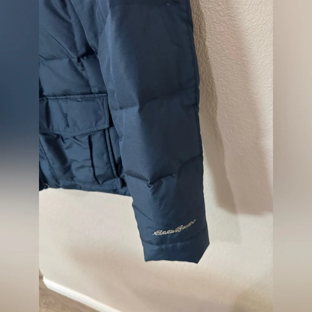 Eddie Bauer Women’s Large Blue Down Puffer Jacket Faux Fur Hood Winter Coat